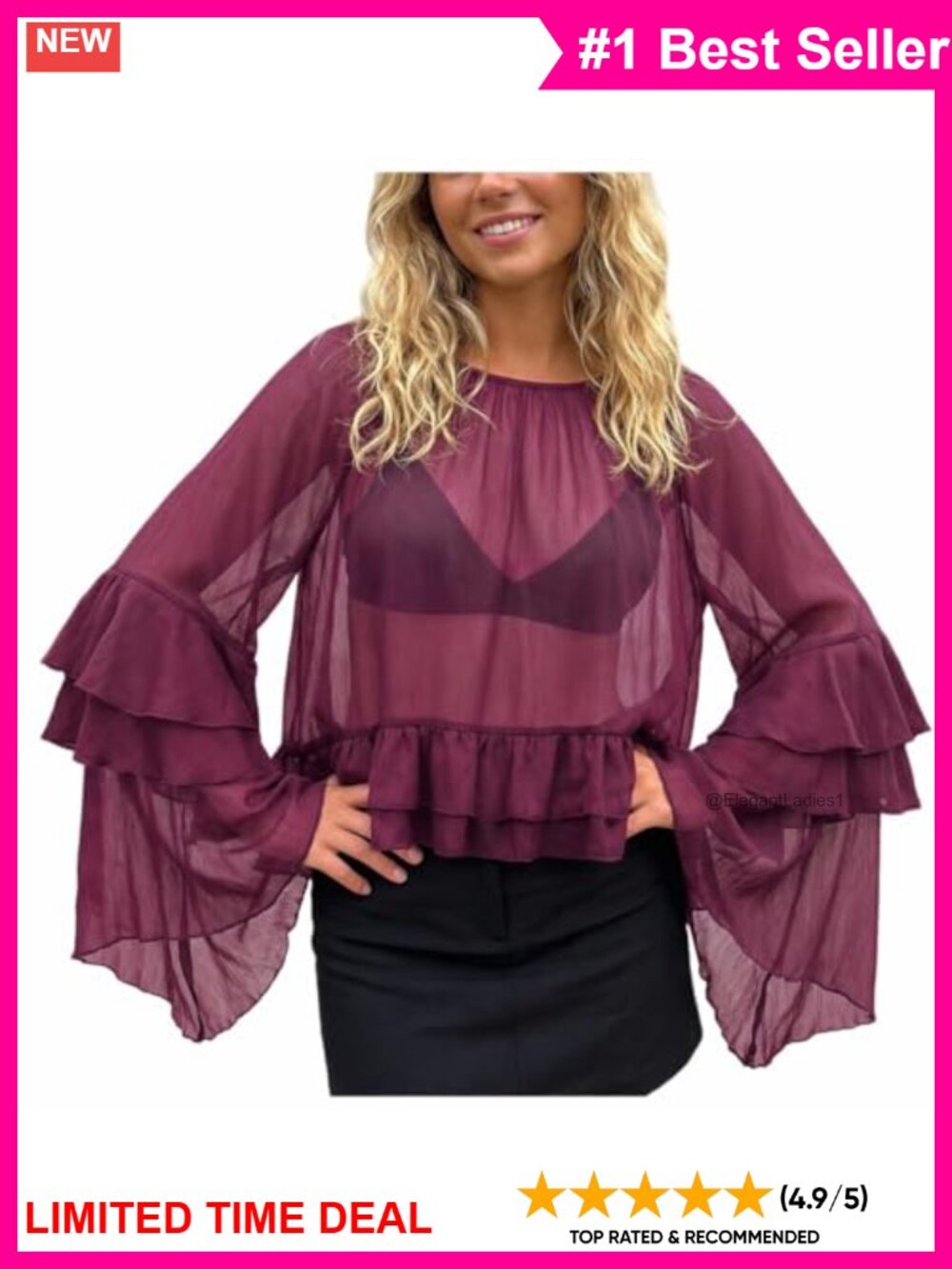 Sheer Chiffon Tiered Ruffle Bell Sleeve Crop Blouse Back Tie Boho Top